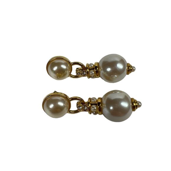 Womens Faux Double Pearl Drop Earrings Gold Tone Dangle Elegant Classic - Picture 2 of 7
